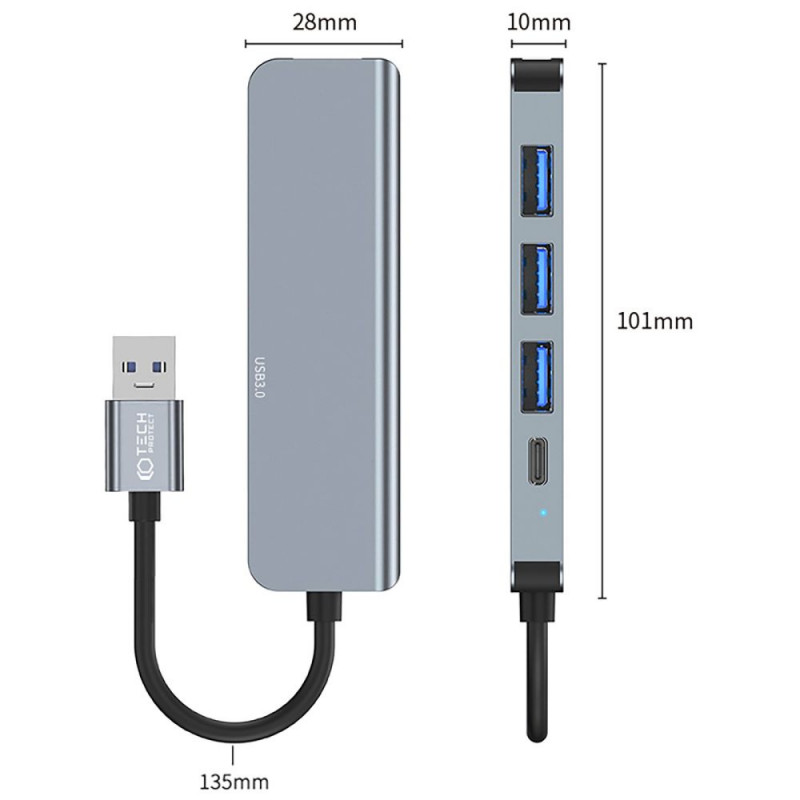 Tech-Protect V0-HUB 5in1 USB-A centrmezgls, pelēks