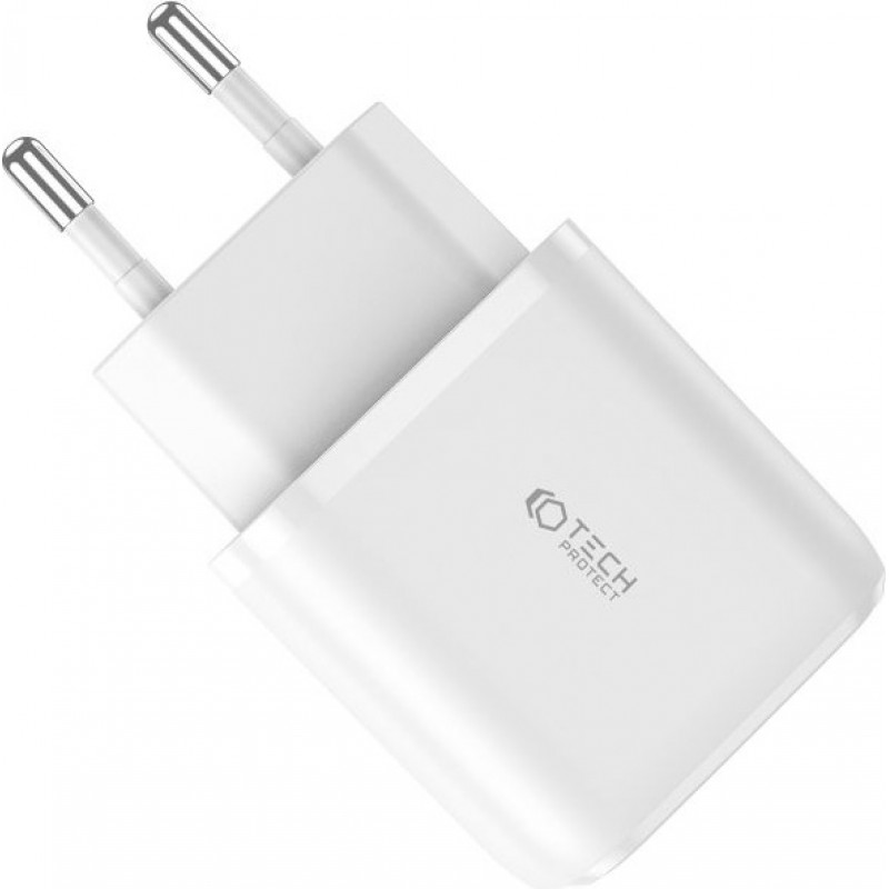Tech-Protect C20W 2 portu sienas lādētājs, USB-C PD 20W un USB-A QC 3.0, balts