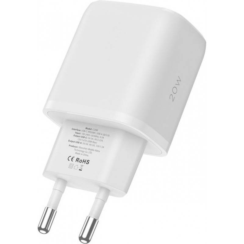 Tech-Protect C20W 2 portu sienas lādētājs, USB-C PD 20W un USB-A QC 3.0, balts