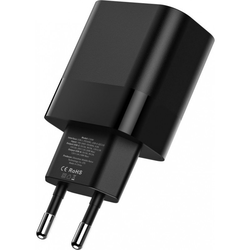 Tech-Protect C30W 2 portu sienas lādētājs, USB-C PD 30W un USB-A QC 3.0, melns