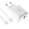 Tech-Protect C20W 2 portu sienas lādētājs PD 20W QC 3.0 ar USB-C kabeli, balts