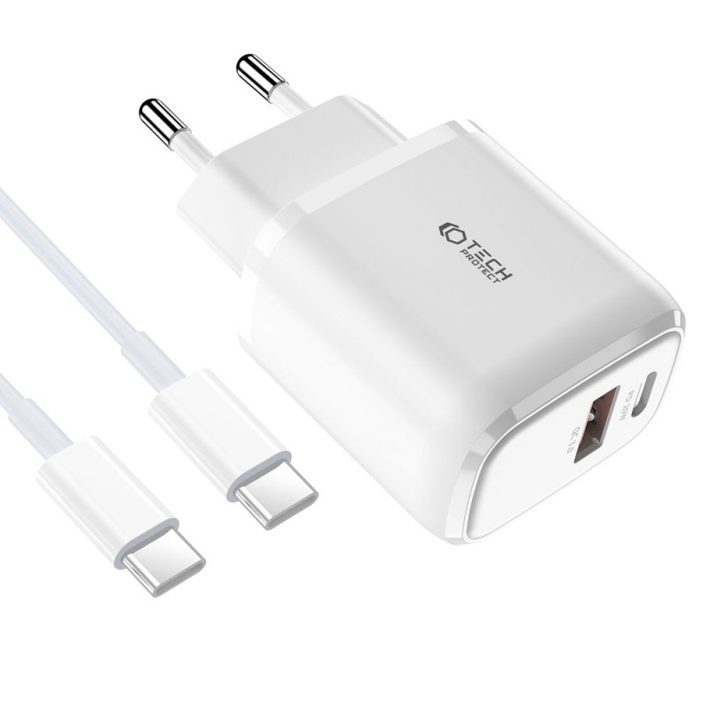 Tech-Protect C20W 2 portu sienas lādētājs PD 20W QC 3.0 ar USB-C kabeli, balts