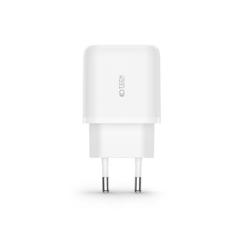 Tech-Protect C20W 2 portu sienas lādētājs PD 20W QC 3.0 ar USB-C kabeli, balts