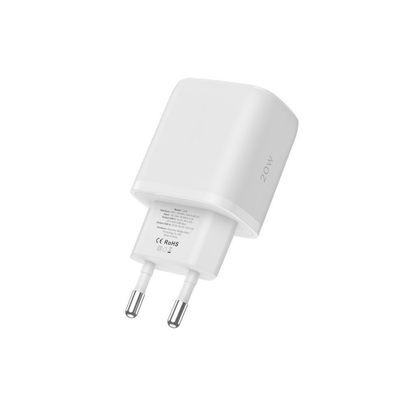 Tech-Protect C20W 2 portu sienas lādētājs PD 20W QC 3.0 ar USB-C kabeli, balts