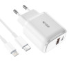 Tech-Protect C20W 2 portu sienas lādētājs PD 20W QC 3.0 ar Lightning kabeli, balts