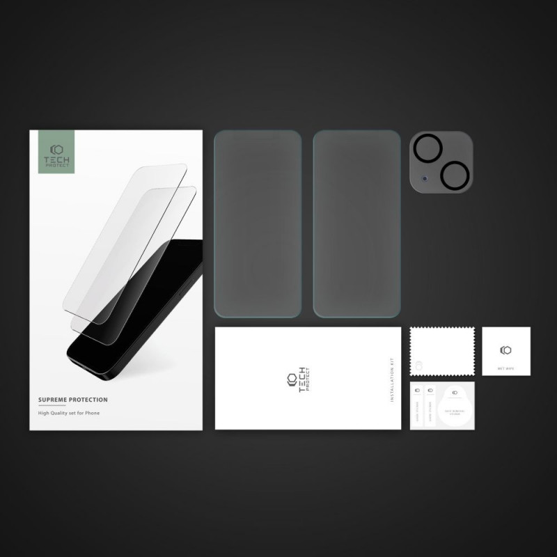Tech-Protect Supreme Set rūdīts stikls Apple iPhone 15, caurspīdīgs (2+1 gab.)