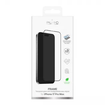 PURO Frame rūdītais stikls iPhone 17 Pro Max ar aplikatoru un melnu rāmi