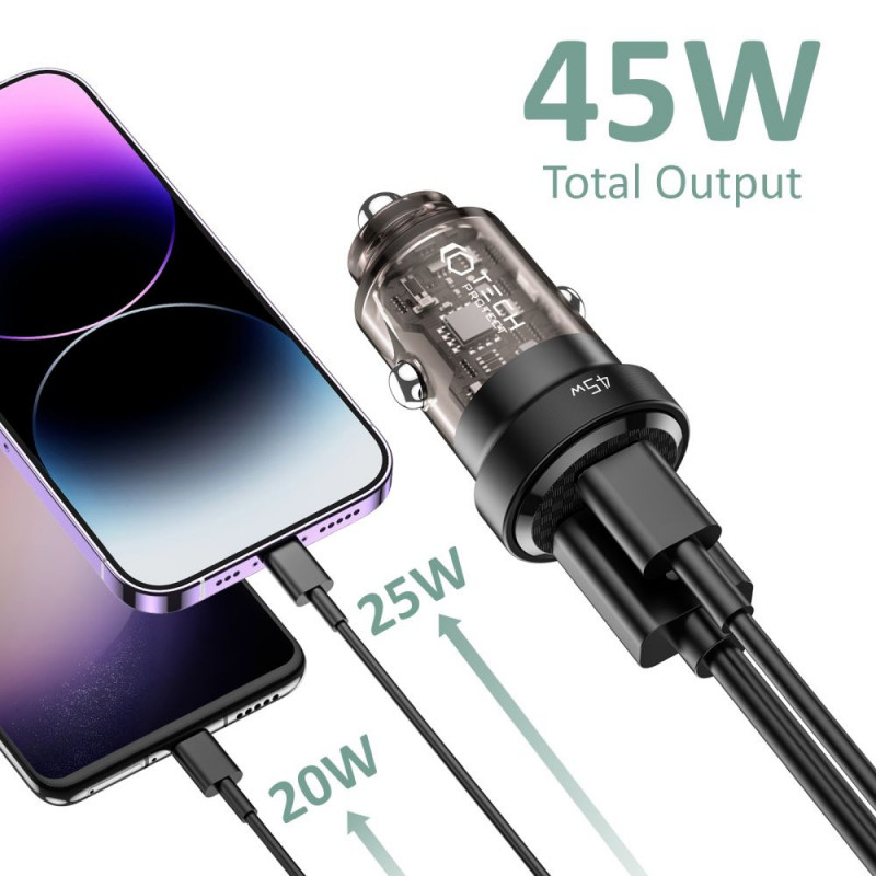 Tech-Protect CC45W 2 portu automašīnas lādētājs, USB-C PD 45W, USB-A QC 3.0, melns