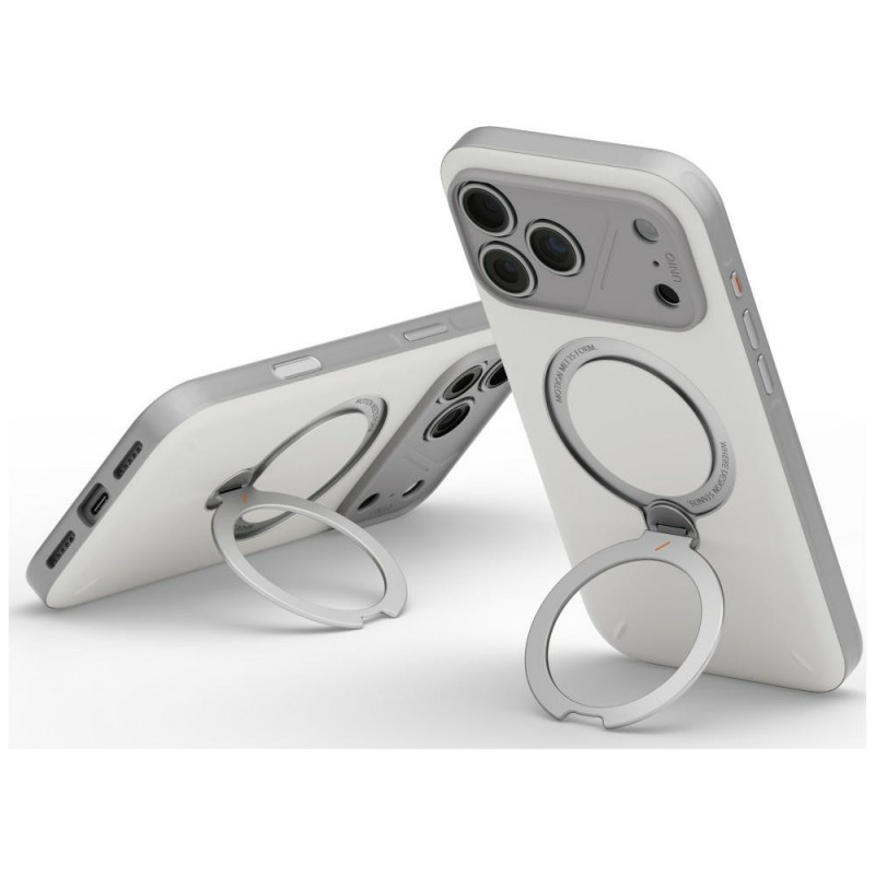 UNIQ Elix vāciņš Apple iPhone 18 Pro Max / 17 Pro Max ar 360° rotējošu statīvu, gaiši pelēks