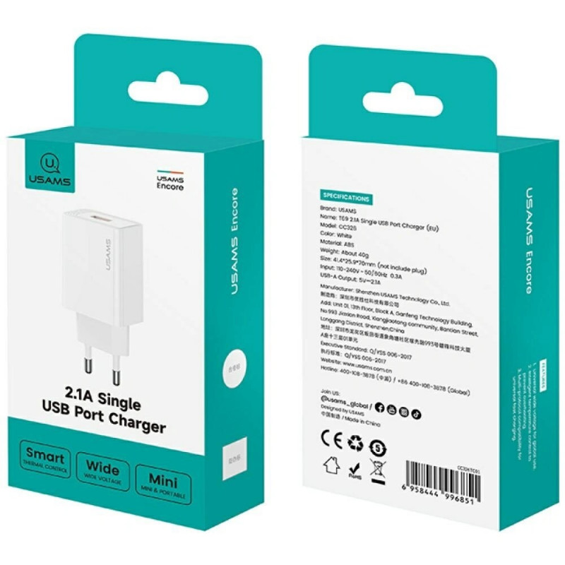USAMS CC326 T69 USB-A sienas lādētājs, 10,5 W, 2,1 A, balts