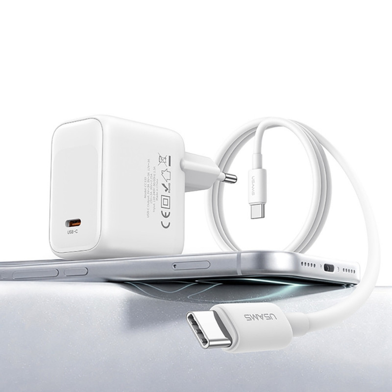 USAMS CC339 T76 45W GaN USB-C sienas lādētājs ar SJ711 USB-C–USB-C kabeli (1 m), balts