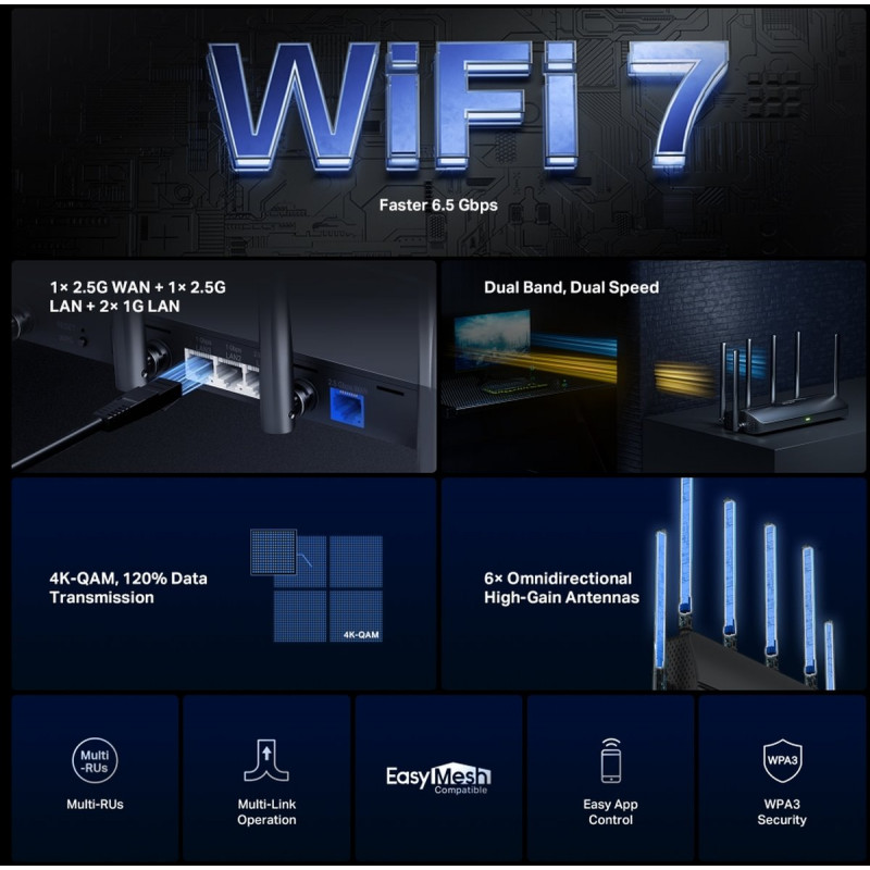 Mercusys MR37BE divjoslu Wi-Fi 7 maršrutētājs, līdz 6500 Mbps