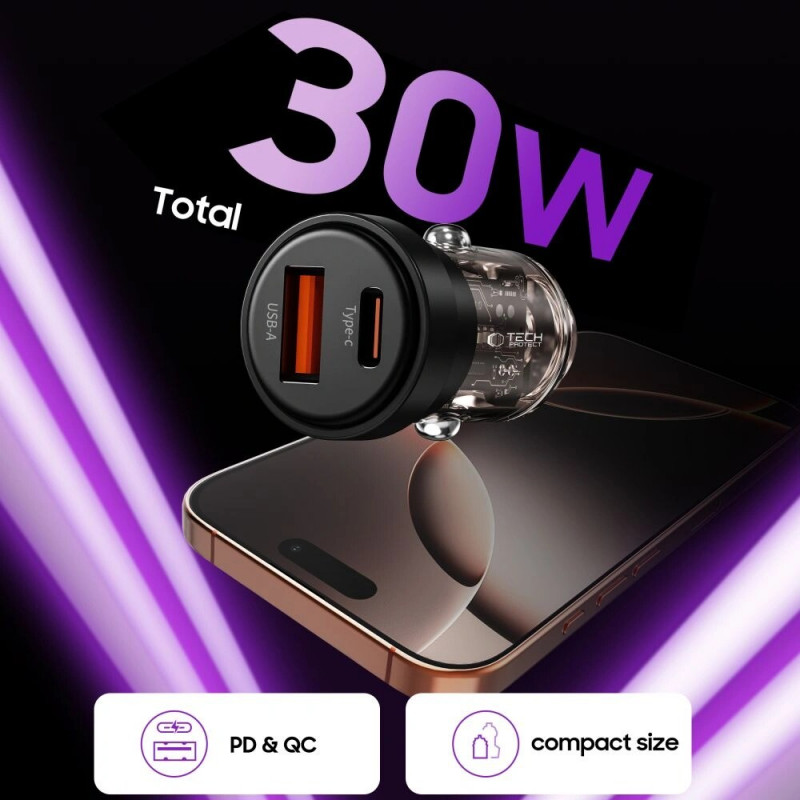 Tech-Protect CC03 2 portu automašīnas lādētājs USB-A / USB-C, PD 30W / QC 3.0, melns