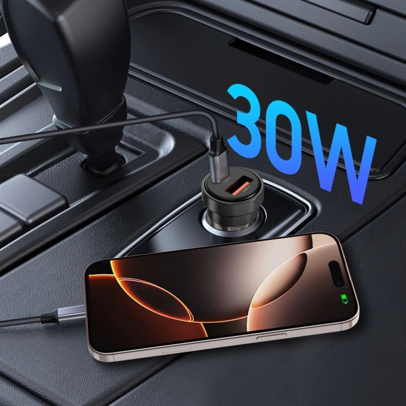 Tech-Protect CC03 2 portu automašīnas lādētājs USB-A / USB-C, PD 30W / QC 3.0, melns