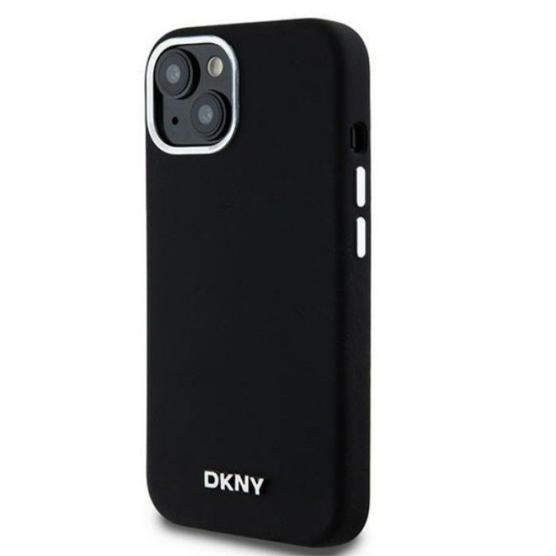 DKNY Apple iPhone 15 cietais futrālis Liquid Silicone Small Metal Logo MagSafe, melns