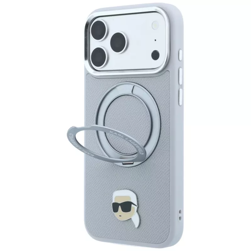 Karl Lagerfeld ar Ring Stand 360 Karl Head Pin MagSafe vāciņš Apple iPhone 18 Pro / 17 Pro, pelēks (KF003235)