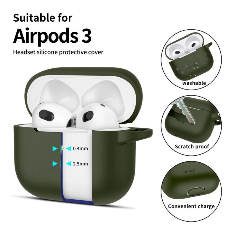 Tech-Protect Silicone Hook silikona maciņš Apple AirPods 3 ar karabīni, olīvu zaļš
