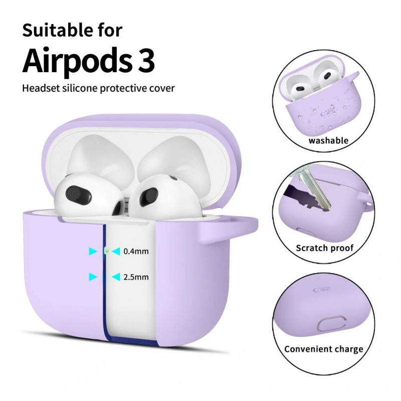 Tech-Protect Silicone Hook silikona maciņš Apple AirPods 3 ar karabīni, lavandas krāsā