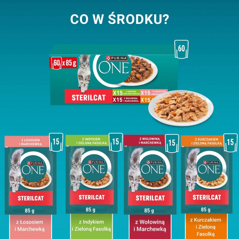 Purina ONE Sterilcat kaķu barība, liellopa gaļa un burkāni, 60 x 85 g
