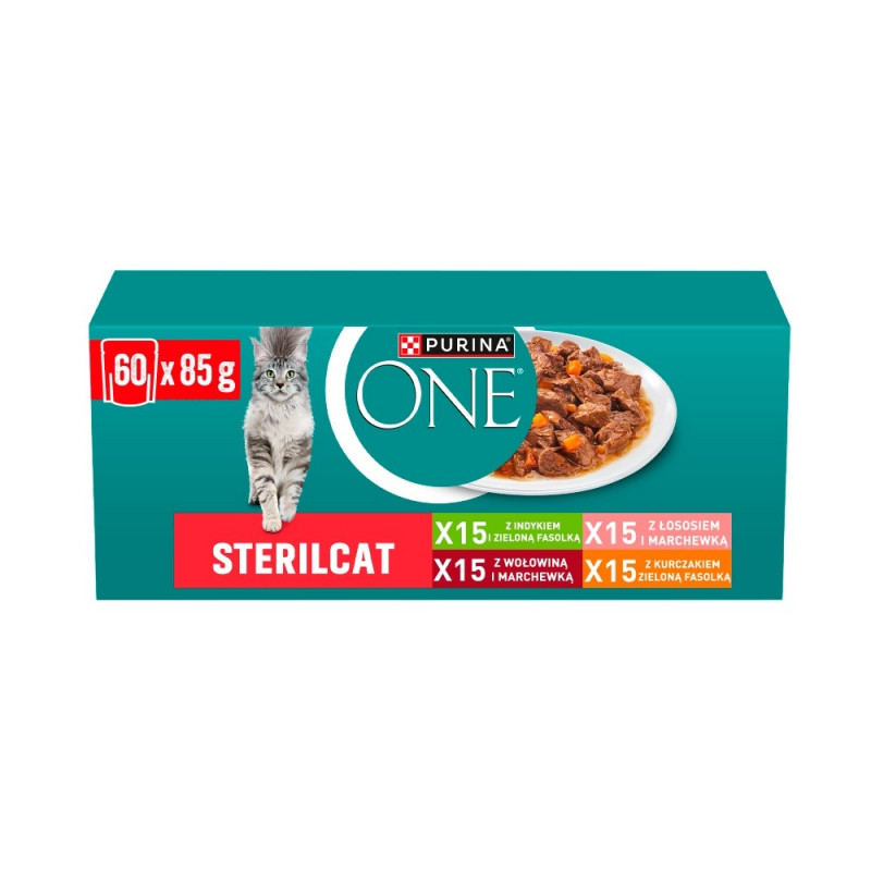 Purina ONE Sterilcat kaķu barība, liellopa gaļa un burkāni, 60 x 85 g