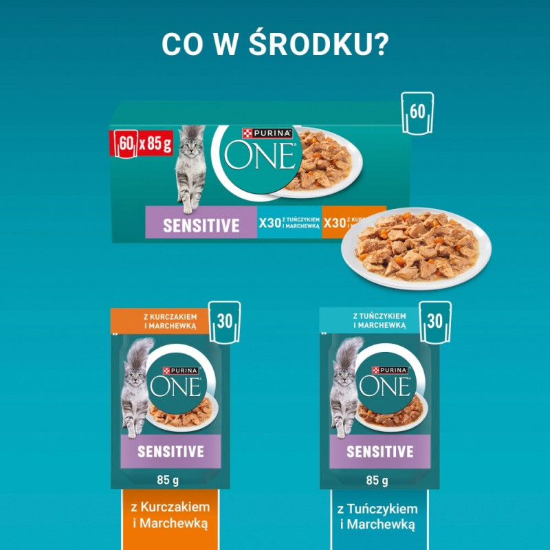 Purina ONE Sensitive kaķu barība, ar vistu un burkānu, 60 x 85 g