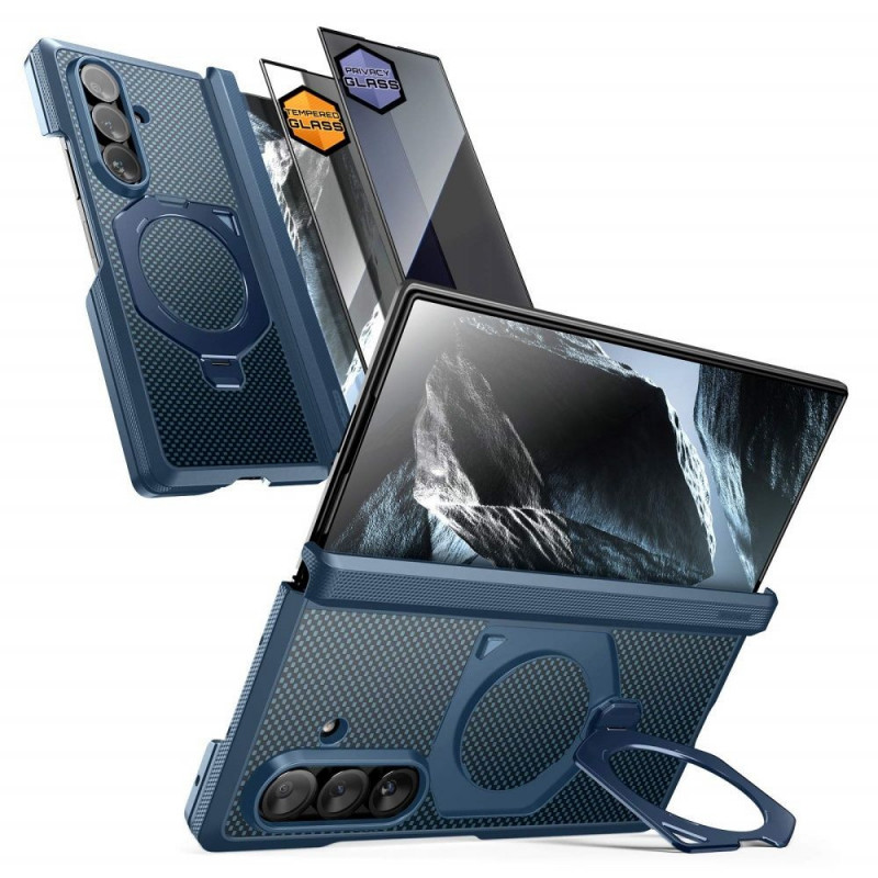 Supcase UB Aero MagSafe korpuss Samsung Galaxy Z Fold 8 Ultra ar rūdīto stiklu un privātuma stiklu, Aramid Blue