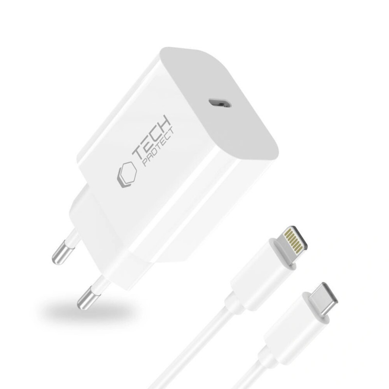 Tech-Protect NC20W 1 portu USB-C sienas lādētājs PD 20W ar Lightning kabeli, balts, 100 cm