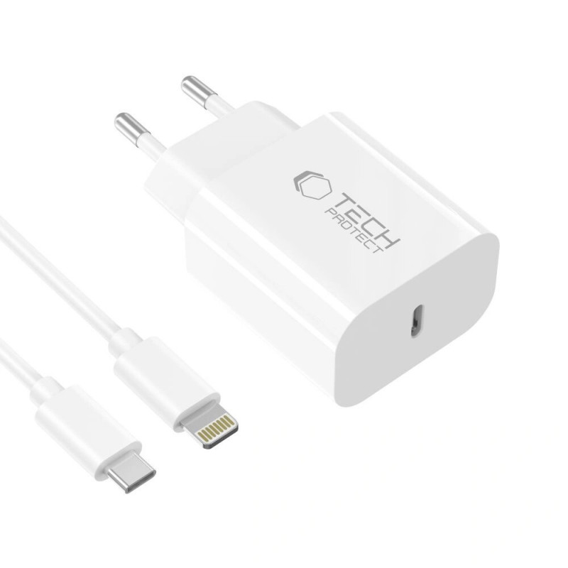 Tech-Protect NC20W 1 portu USB-C sienas lādētājs PD 20W ar Lightning kabeli, balts, 100 cm