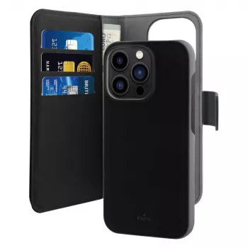 Puro Wallet Detachable MagSafe 2in1 PU ādas futrālis ar atloku un maku iPhone 14 Pro Max, melns