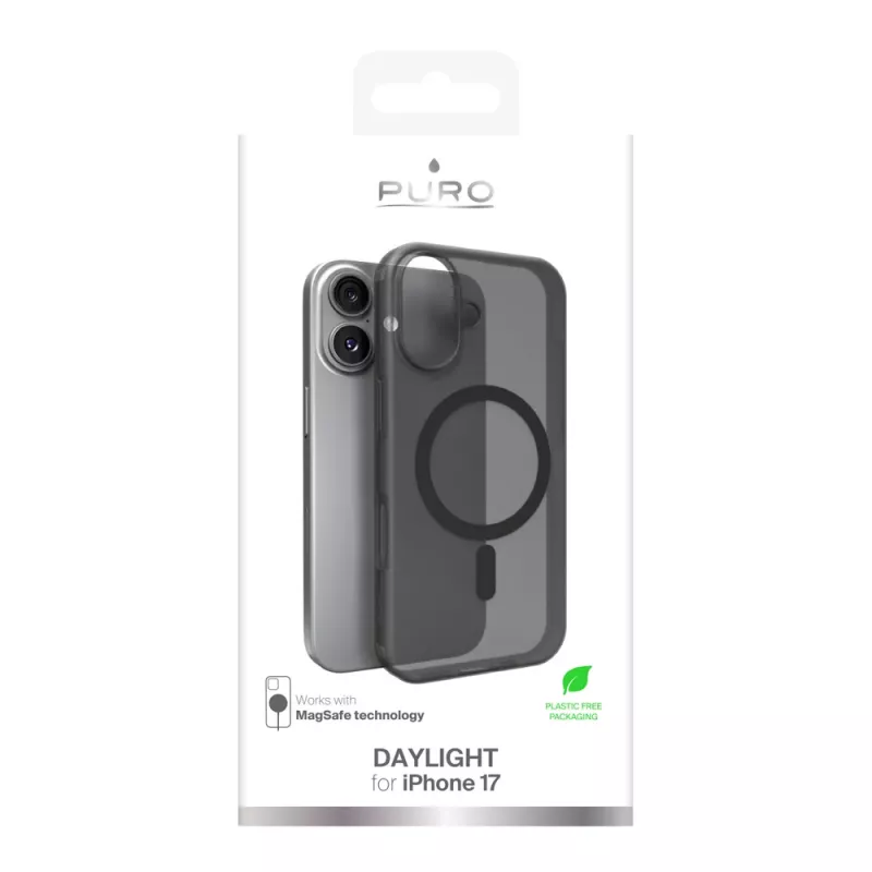 Puro Daylight MagSafe saderīgs silikona futrālis iPhone 17, caurspīdīgi melns