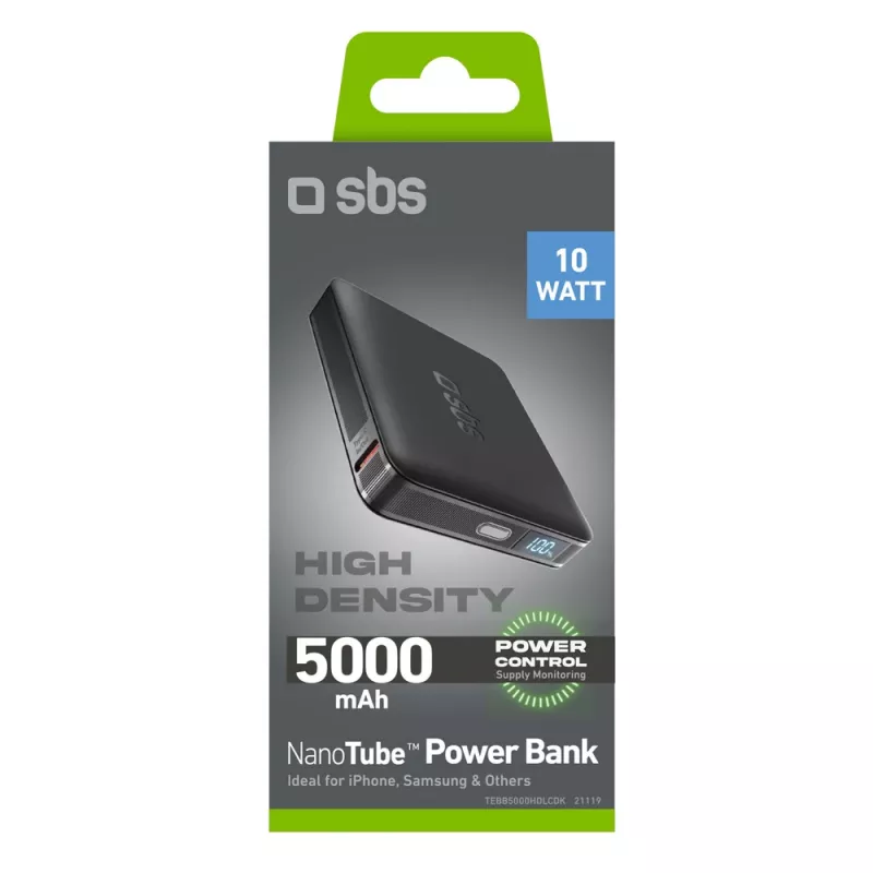 SBS HD 10W 5000mAh USB-C pārnēsājamais akumulators ar LCD displeju, melns