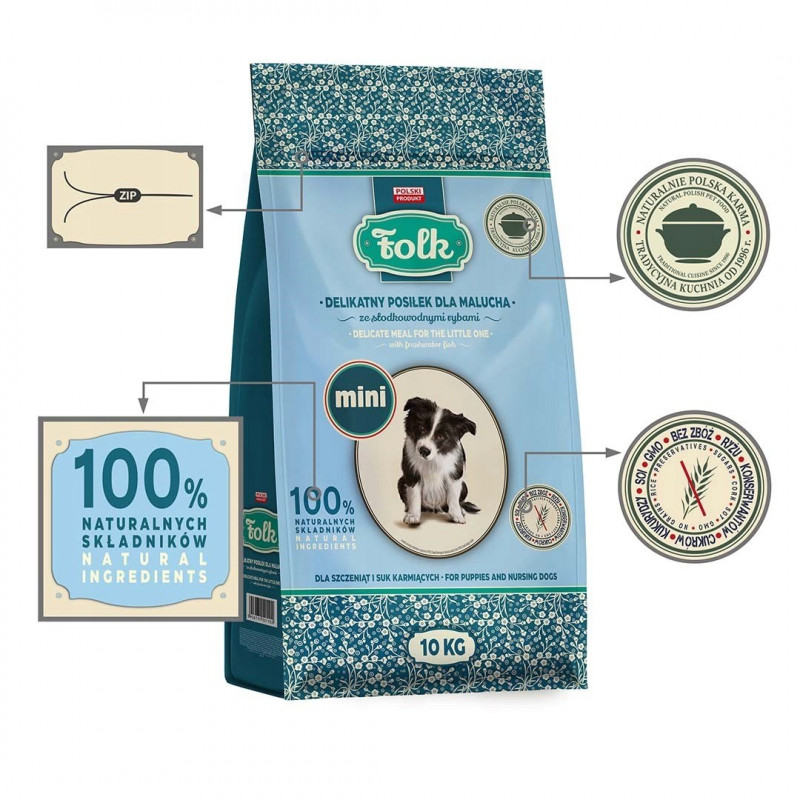 FOLK Delicate Meal for Puppies with Freshwater Fish Mini sausā suņu barība kucēniem, 10 kg