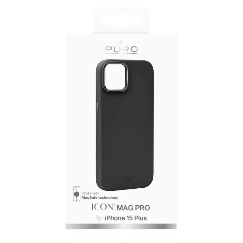 Puro Icon Mag Pro MagSafe silikona apvalks ar metāla pogām Apple iPhone 15 Plus, melns