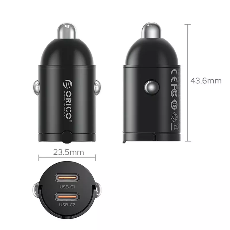 Orico MiniRing MR-30-2C 30W 2x USB-C automašīnas lādētājs, melns