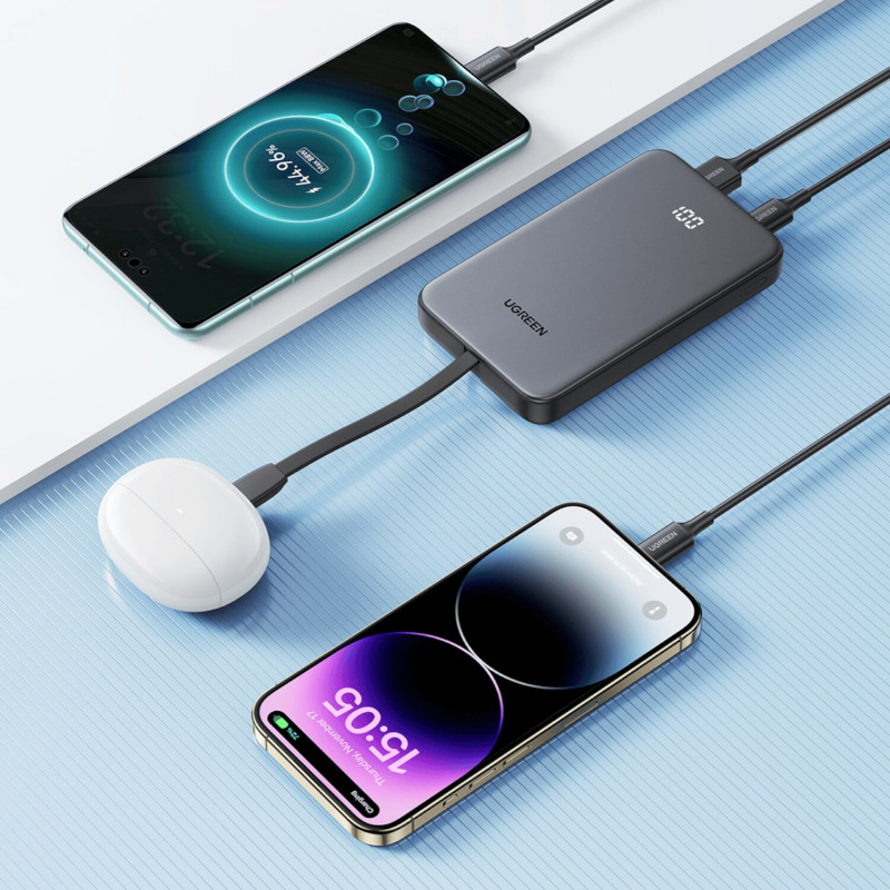 UGREEN PB526 10000mAh 20W pārnēsājamais akumulators ar iebūvētu USB-C kabeli
