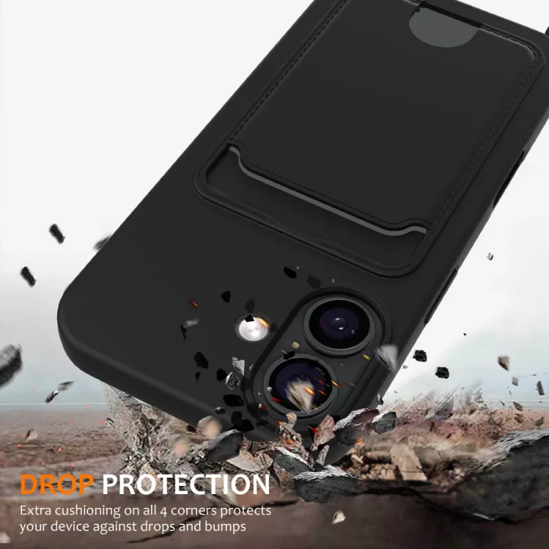 Marka Niezdefiniowana iPhone 17 TPU maciņš ar kartes turētāju un šķērskājama auklu, melns