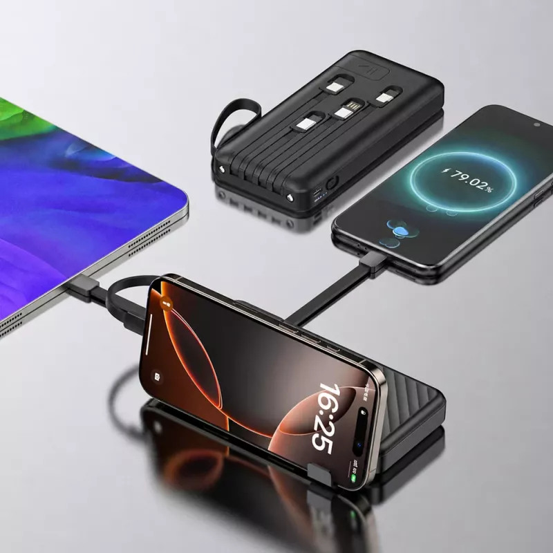 Wozinsky W11-B 10000mAh 10W pārnēsājamais akumulators ar iebūvētiem kabeļiem un lukturīti, melns