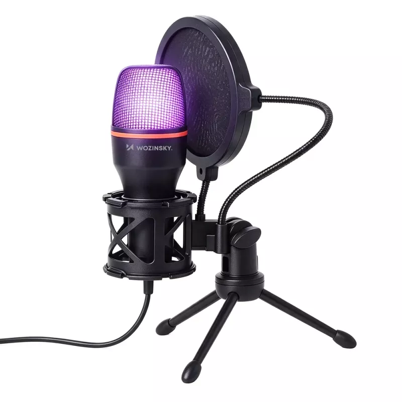 Wozinsky WM-W111 vadu studijas spēļu mikrofons uz statīva ar RGB apgaismojumu, melns