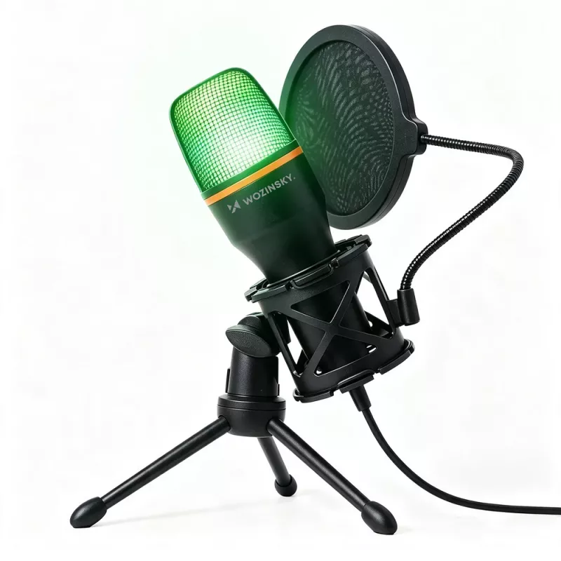 Wozinsky WM-W111 vadu studijas spēļu mikrofons uz statīva ar RGB apgaismojumu, melns