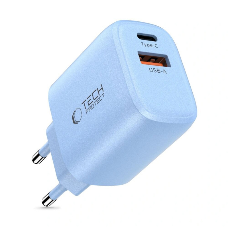 Tech-Protect NCA30 USB-A, USB-C tīkla lādētājs PD 30W / QC3.0 Baby Blue