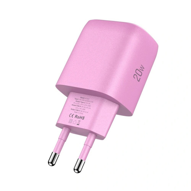 Tech-Protect NCA20 USB-A / USB-C sienas lādētājs PD 20W / QC3.0, Baby Pink
