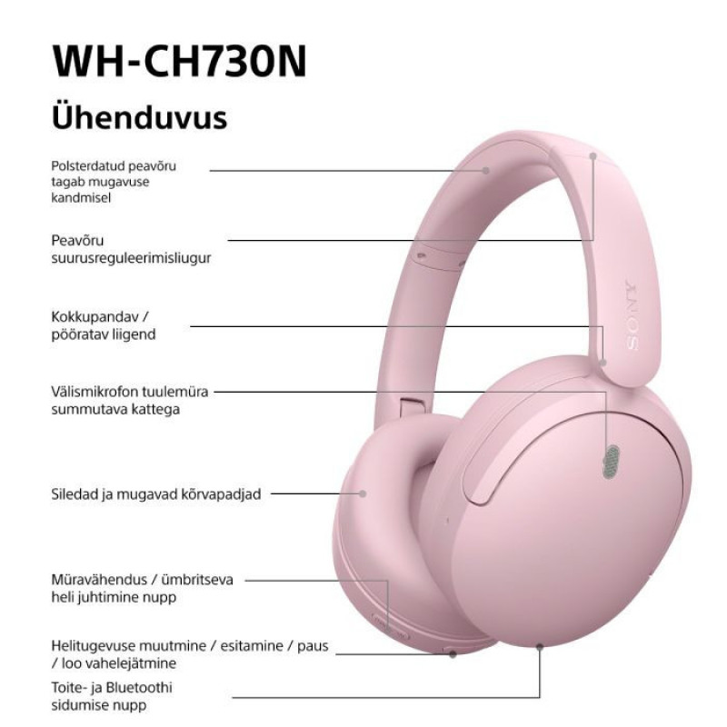 Sony WH-CH730N Bluetooth austiņas ar mikrofonu, rozā