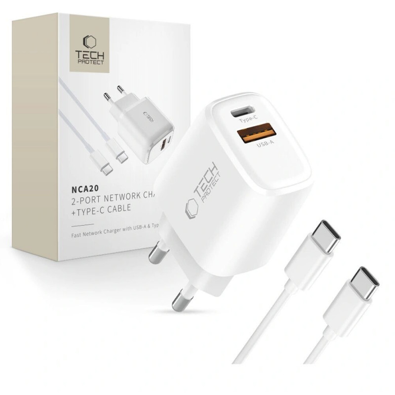 Tech-Protect NCA20 USB-A / USB-C sienas lādētājs PD 20W / QC3.0 ar USB-C / USB-C kabeli 100 cm, balts