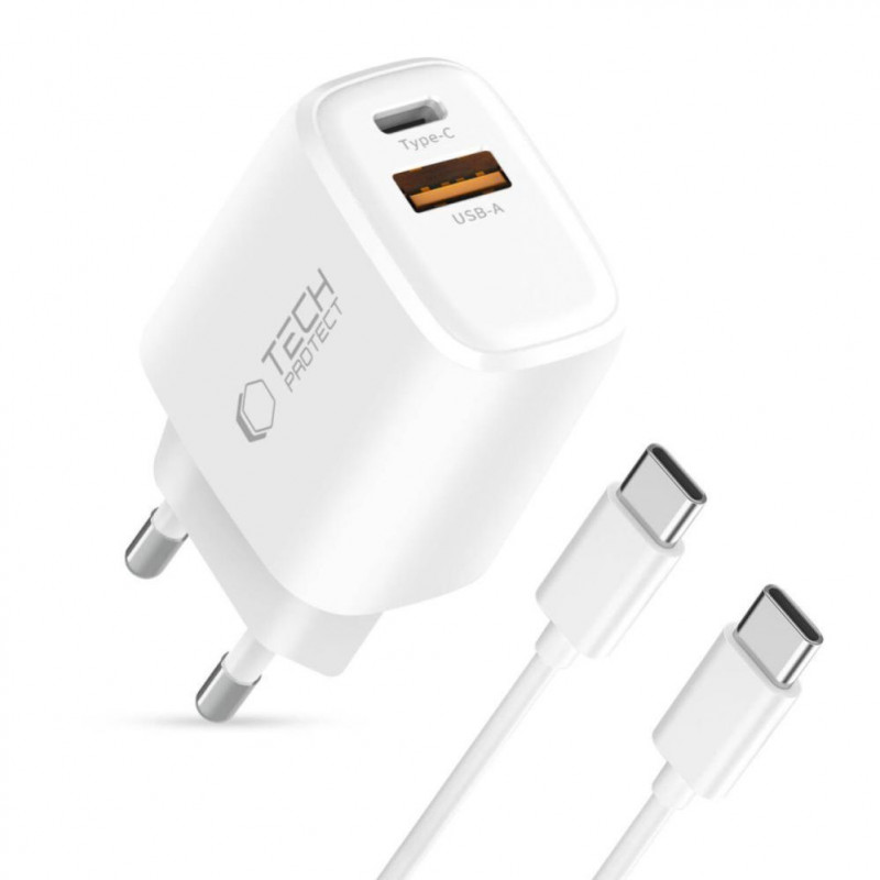 Tech-Protect NCA20 USB-A / USB-C sienas lādētājs PD 20W / QC3.0 ar USB-C / USB-C kabeli 100 cm, balts