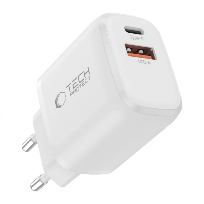 Tech-Protect NCA20 USB-A / USB-C sienas lādētājs PD 20W / QC3.0 ar USB-C / USB-C kabeli 100 cm, balts