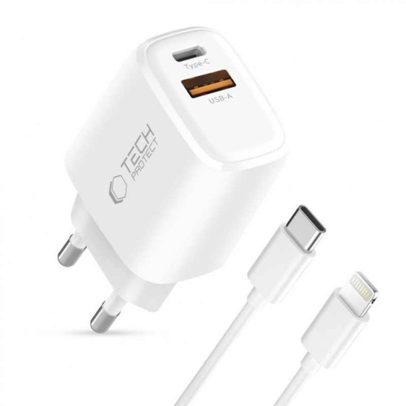 Tech-Protect NCA20 USB-A / USB-C sienas lādētājs PD 20W / QC3.0 ar USB-C / Lightning kabeli 100 cm, balts