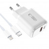 Tech-Protect NCA20 USB-A / USB-C sienas lādētājs PD 20W / QC3.0 ar USB-C / Lightning kabeli 100 cm, balts