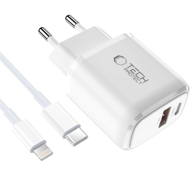 Tech-Protect NCA20 USB-A / USB-C sienas lādētājs PD 20W / QC3.0 ar USB-C / Lightning kabeli 100 cm, balts