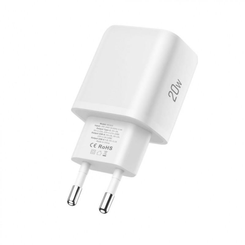 Tech-Protect NCA20 USB-A / USB-C sienas lādētājs PD 20W / QC3.0 ar USB-C / Lightning kabeli 100 cm, balts