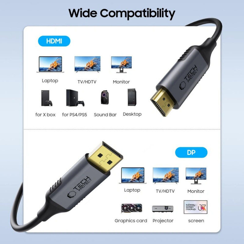 Tech-Protect UltraBoost DisplayPort / HDMI 2.0 kabelis, 4K 60 Hz, 200 cm, melns